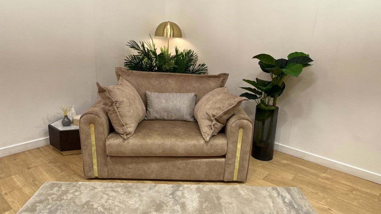 Sofology Savoy Fabric Loveseat Gold Trim in Lifestyle Dapple Fabric Caramel Mix