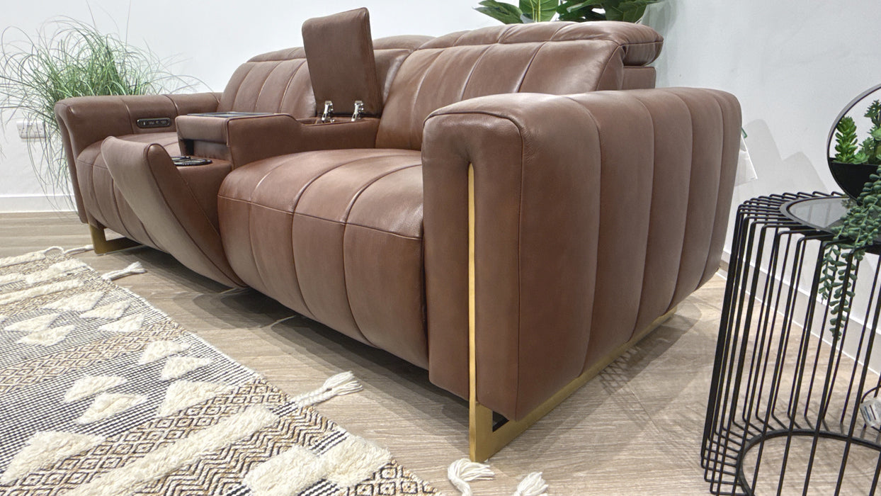 Sofology Paramount Leather 2.5 Seater Console Power Recliner/Headrest Speakers Heated Seats in Trusty Embossed Chestnut