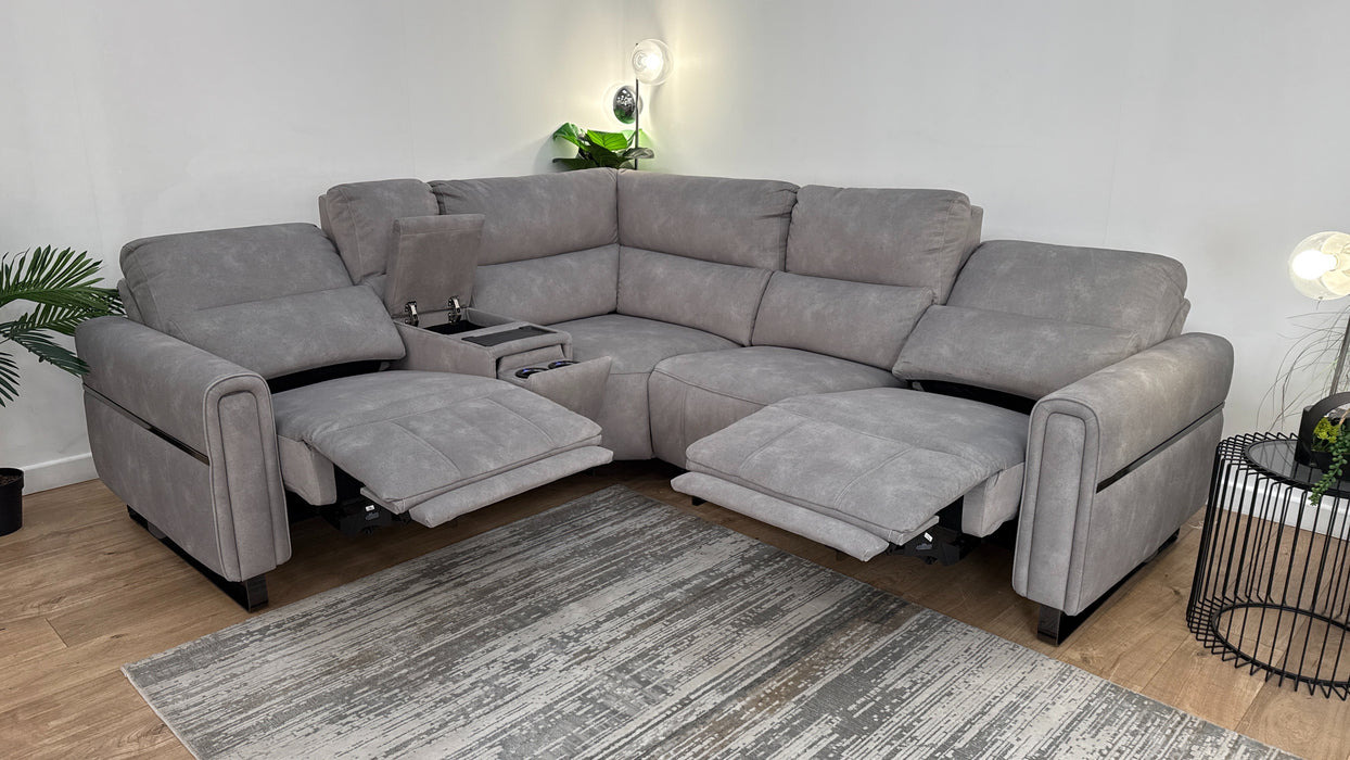 Sofology The Ravello Fabric 1 Console Corner 2 Power Recliner/Headrest Lumbar Support in Lifestyle Flecked Fabric Stone