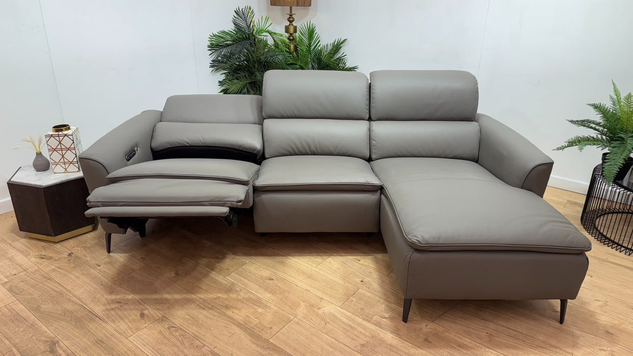 Sofology Viento Leather 3 Seater Chaise Power Recliner/Headrest Lumbar Heated Seat in Trusty Super Matt Storm Grey