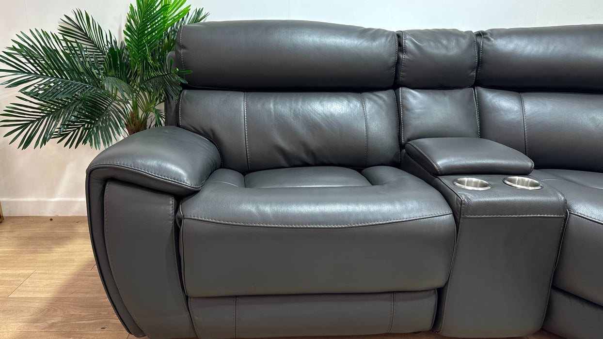 Sofology Radleigh Leather 1.5 Corner 2.5 Console Triple Power Recliner/Headrest in Trusty Soft Sheen Charcoal