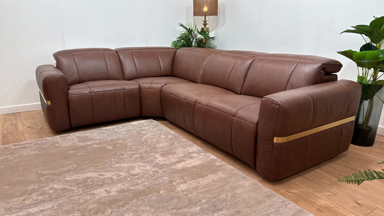 Sofology Lumiere Leather 1.5 Corner 3 Power Recliner/Headrest Gold Trim in Trusty Embossed Chestnut