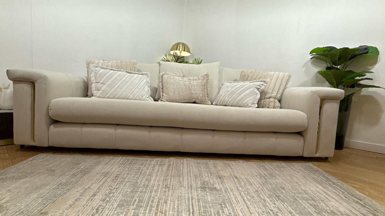 Sofology Oscar Fabric 4 Seater Gold Trim in Super Matt Velvet Ecru Mix