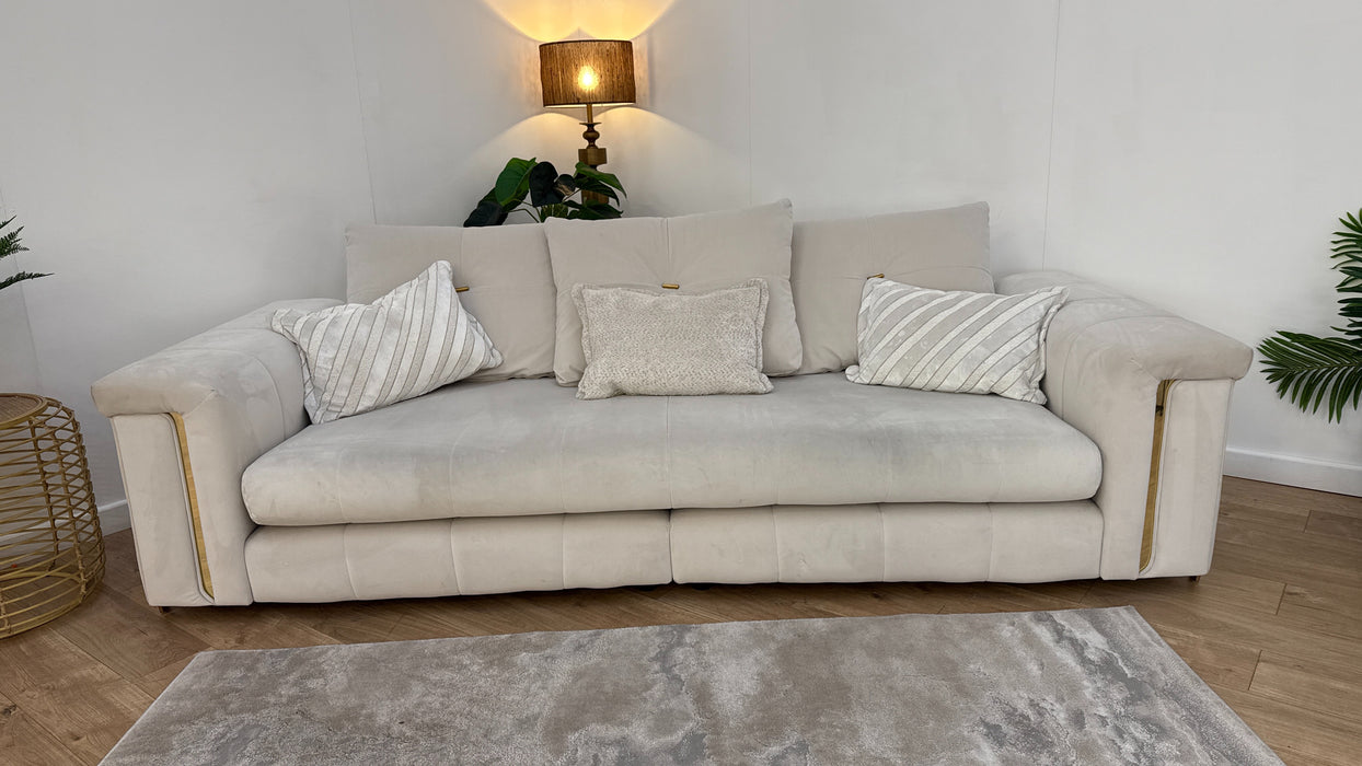 Sofology The Oscar Fabric 4 Seater Split Gold Trim in Super Matt Velvet Ecru Mix