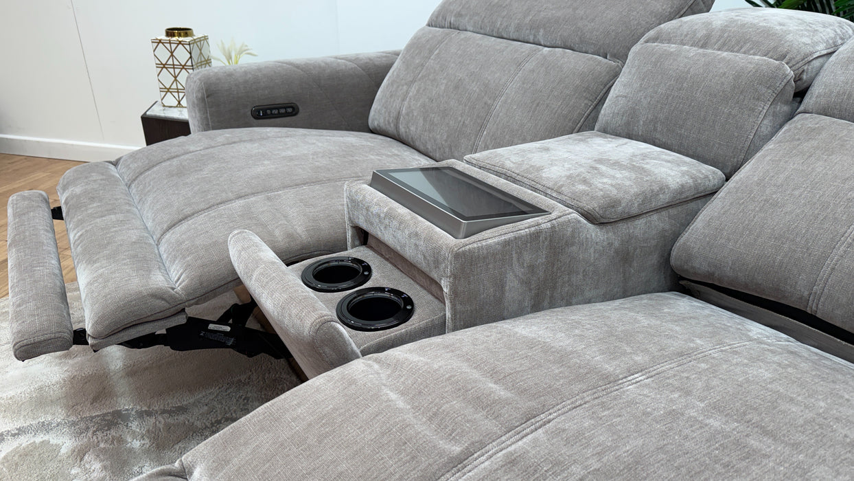 Sofology Allure Fabric 2.5 Seater Screen Console Power Recliner/Headrest Heated Seats Lumbar Speakers in Relaxed Chenille Nutmeg