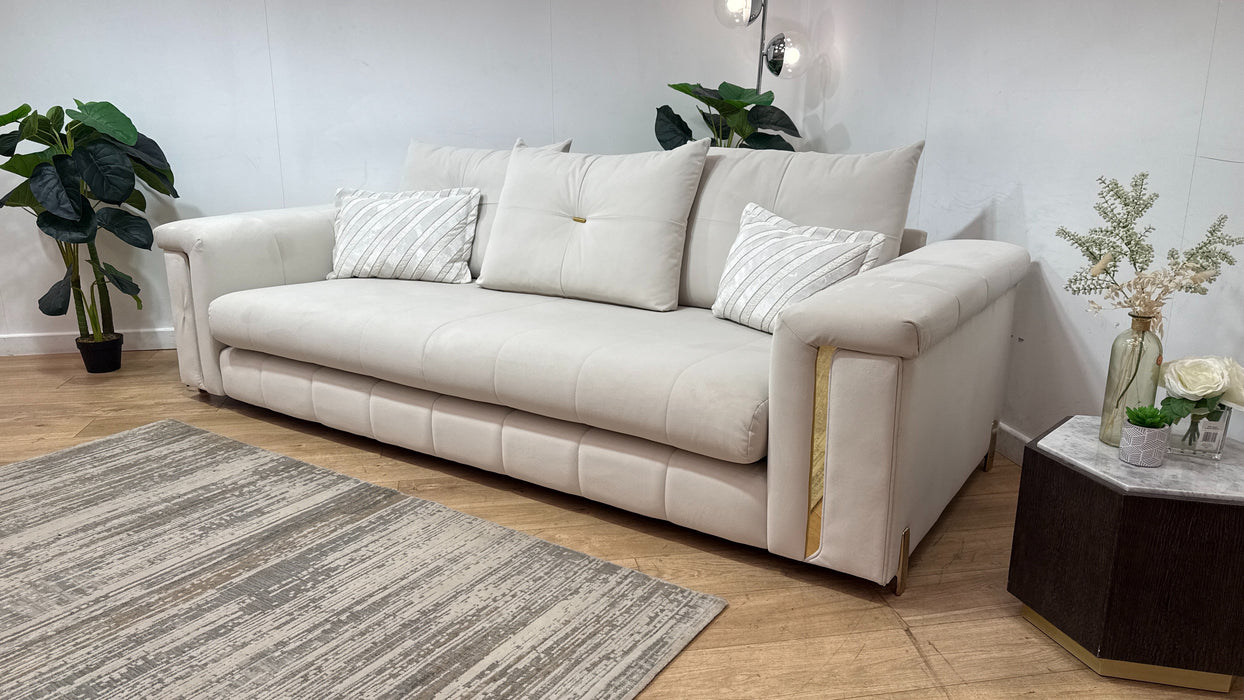 Sofology Oscar Fabric 4 Seater Gold Trim in Super Matt Velvet Ecru Mix