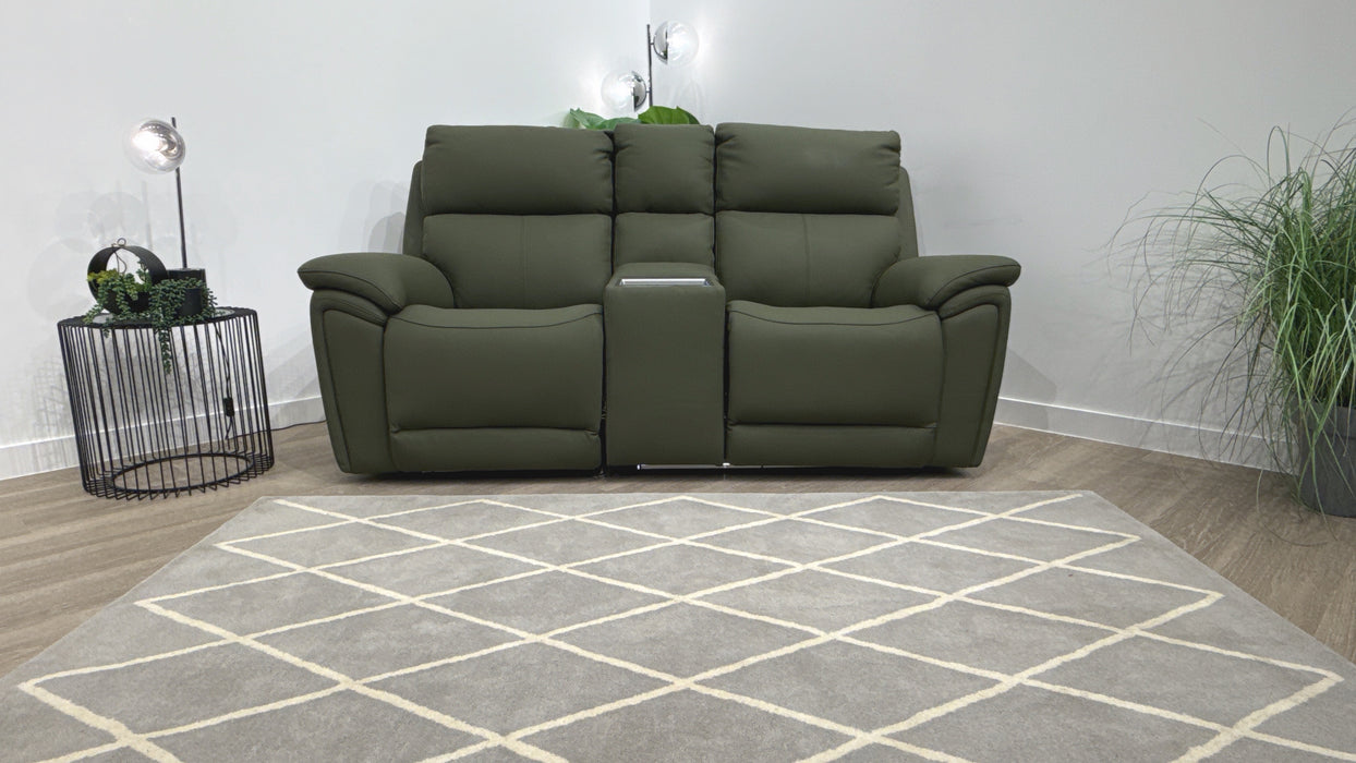 Sofology Atlanta Leather 2 Seater Console Power Recliner/Headrest in Trusty Soft Matt Dark Olive