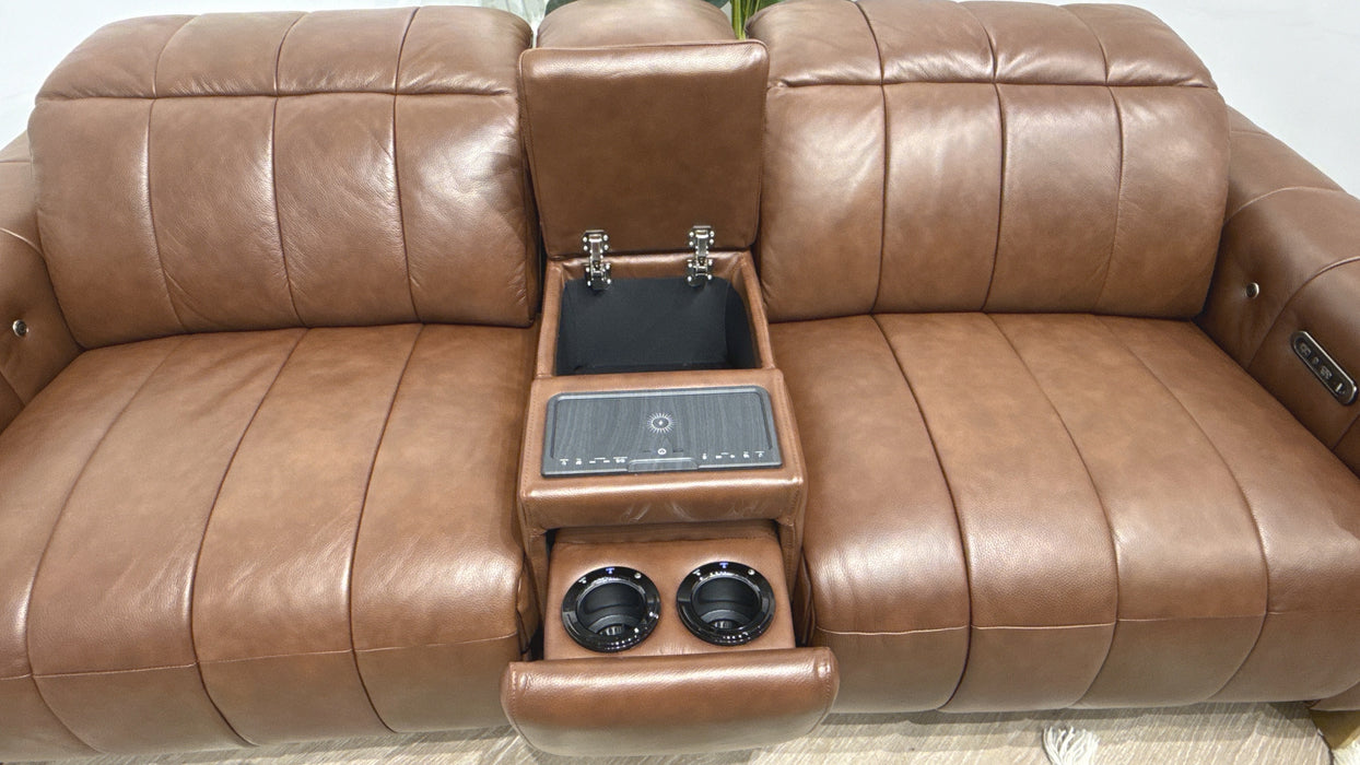 Sofology Paramount Leather 2.5 Seater Console Power Recliner/Headrest Speakers Heated Seats in Trusty Embossed Chestnut