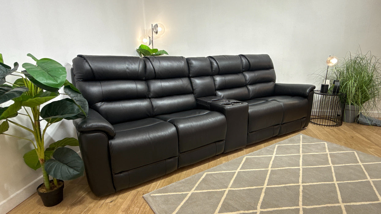 Sofology Cleveland 4 Seater Leather Power Recliner, Heated Seats, Lumbar + Console in Trusty Embossed Jet Black