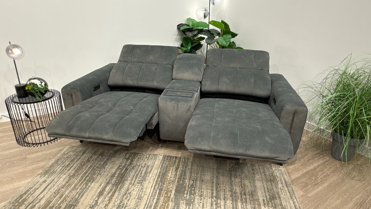 Sofology Paramount Fabric 2.5 Seater Console Power Recliner/Headrest Speakers in Lifestyle Flecked Mineral Green