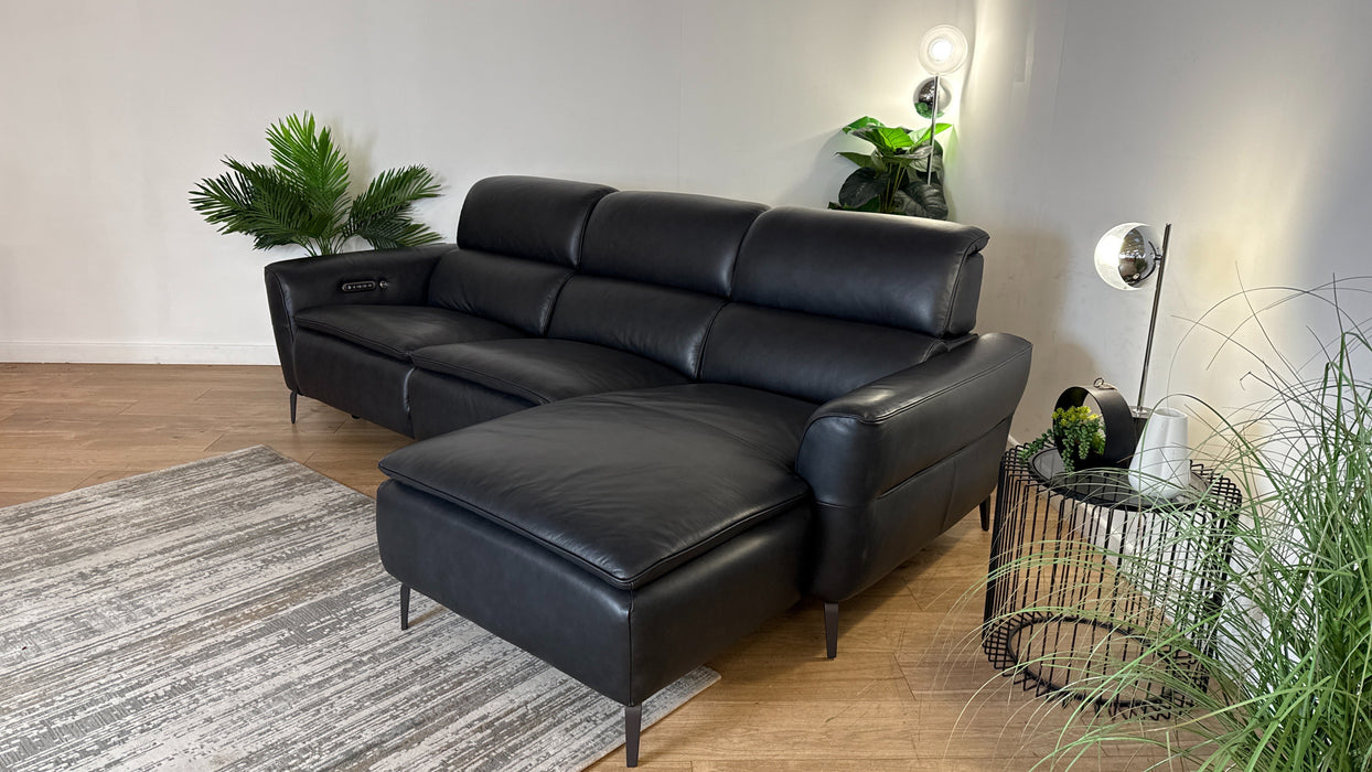 Sofology The Viento Leather 3 Seater Chaise Power Recliner/Headrest Heated Seat Lumbar Support in Trusty Embossed Navy