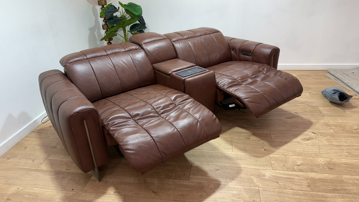 Sofology Paramount Leather 2.5 Seater Console Power Recliner/Headrest Heated Seats Speakers in Trusty Embossed Chestnut
