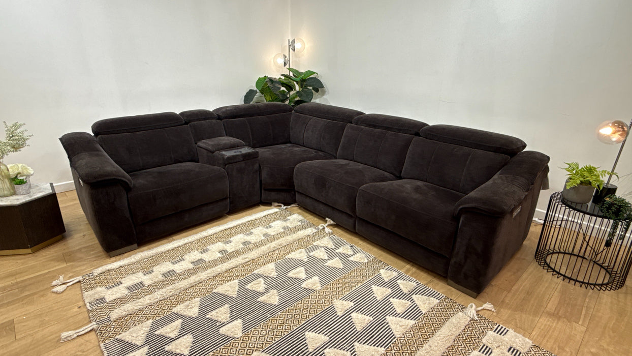 Sofology Carrera Fabric 1.5 Smart Console Corner 3 Power Recliner/Headrest in Relaxed Chenille Raisin