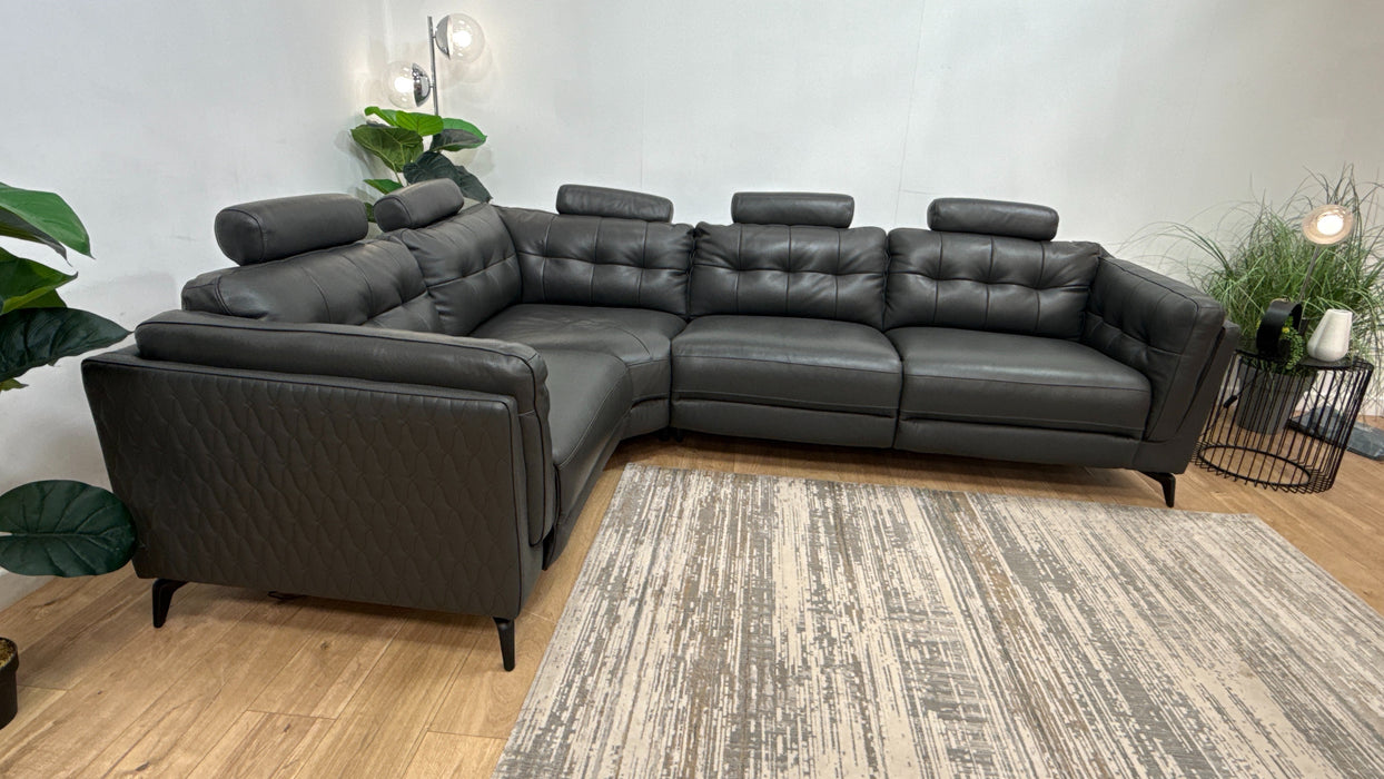 Sofology Muse Leather 1.5 Corner 3 Power Recliner Supportive Headrests in Trusty Embossed Charcoal