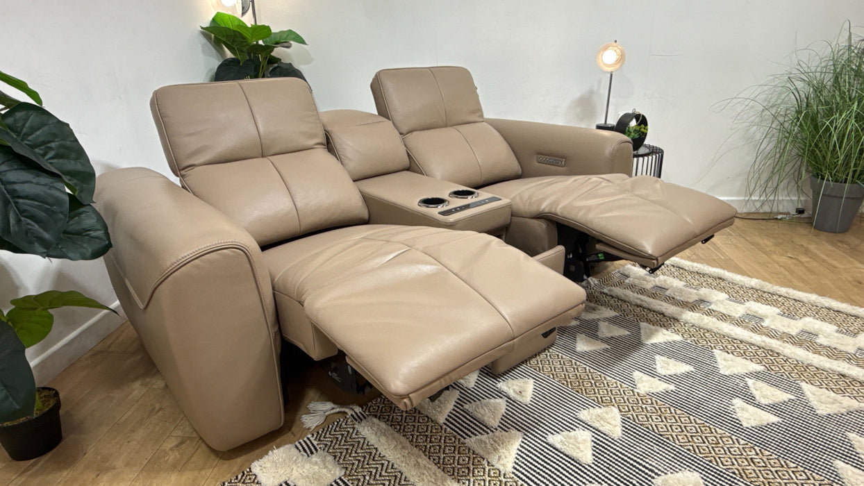 Sofology Riviera Leather 2 Seater Console Power Recliner/Headrest in Trusty Embossed Mushroom