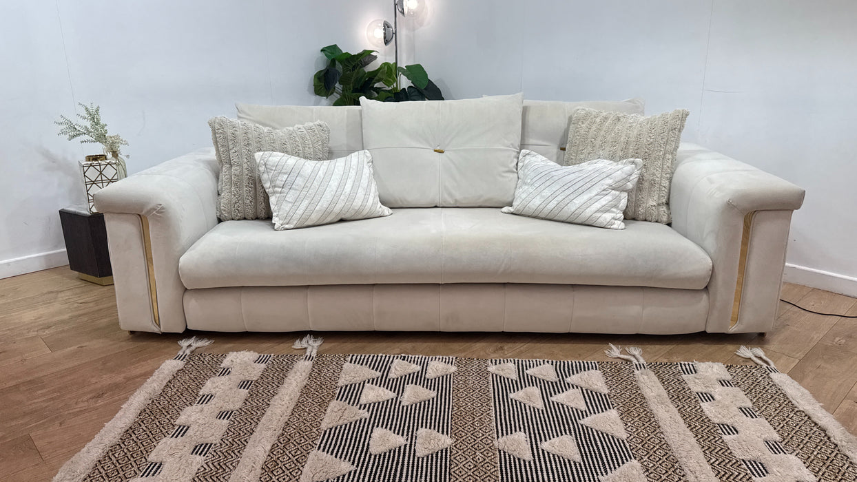 Sofology Oscar Fabric 4 Seater Gold Trim in Super Matt Velvet Ecru Mix