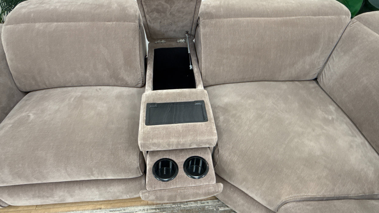 Sofology Plaza Fabric 1.5 Smart Console Corner 3 Power Recliner/Headrest Heated Seats in Relaxed Chenille Nutmeg