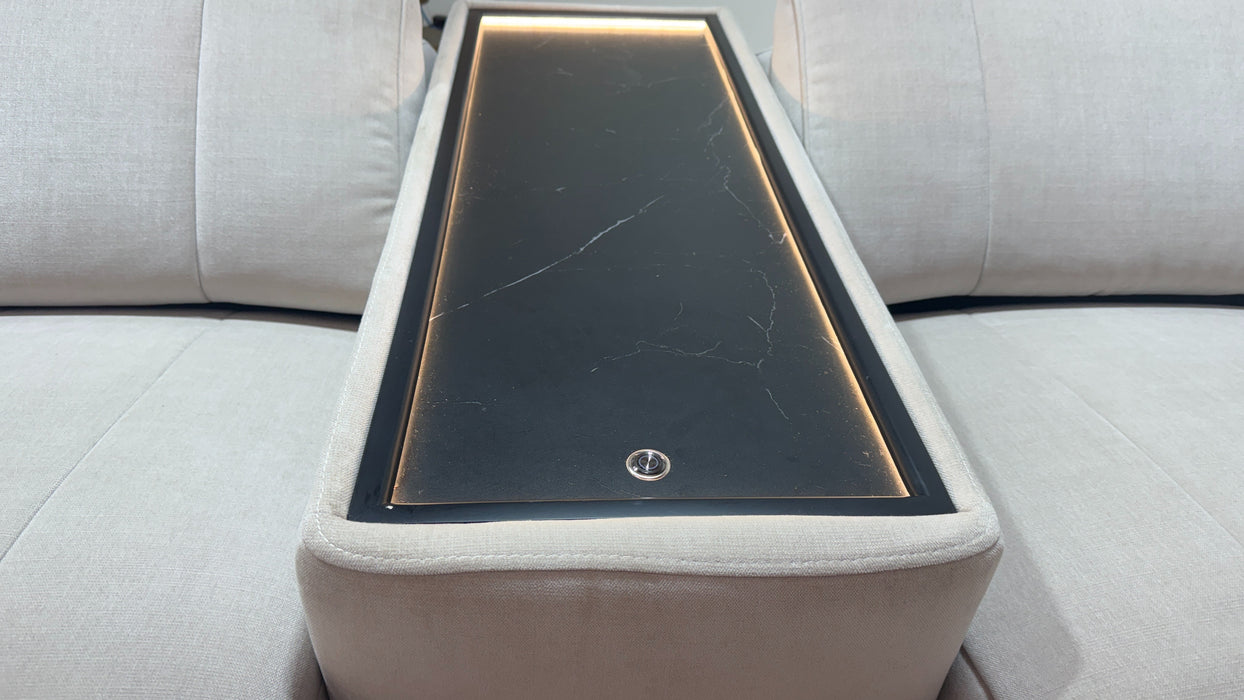 Sofology Lumiere Fabric 3 Seater Cinema Console Power Recliner/Headrest Gold Trim in Relaxed Chenille Cotton