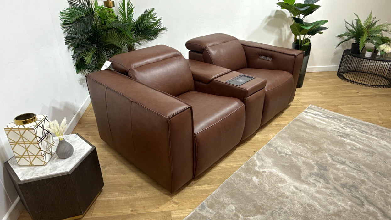 Sofology Horizon Leather 2 Seater Smart Console Power Recliner/Headrest in Trusty Embossed Chestnut