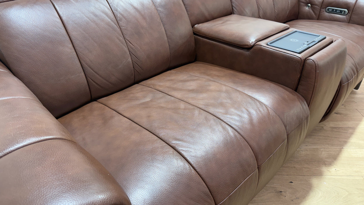 Sofology Paramount Leather 2.5 Seater Console Power Recliner/Headrest Heated Seats Speakers in Trusty Embossed Chestnut