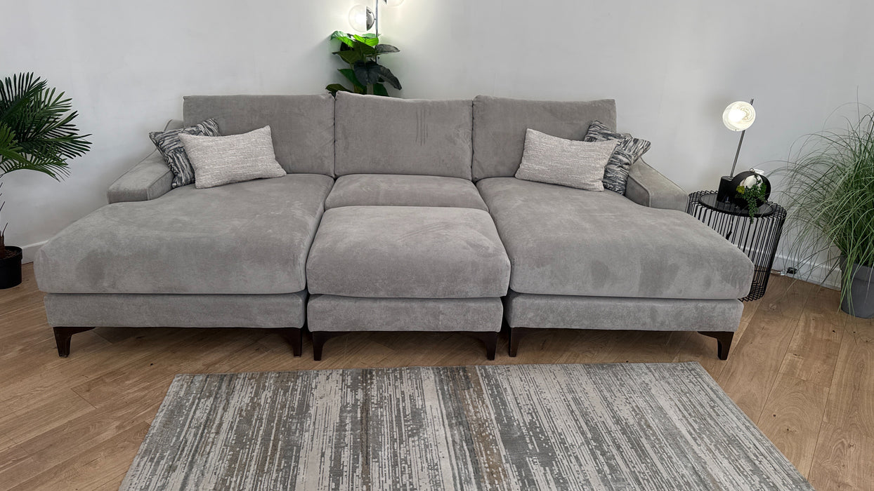 Sofology Wildwood Fabric 4 Seater Double Chaise with Footstool in Soft Sherpa Silver Contrast Piping