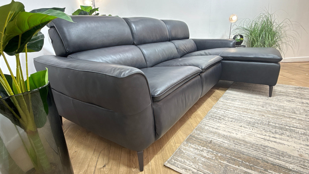 Sofology Viento Leather 3 Seater Chaise Power Recliner/Headrest Heated Seat Lumbar Support in Trusty Embossed Navy