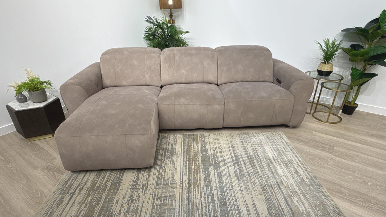 Sofology Lumiere Fabric Chaise 4 Seater Power Recliner/Headrest Gold Trim in Lifestyle Flecked Nutmeg