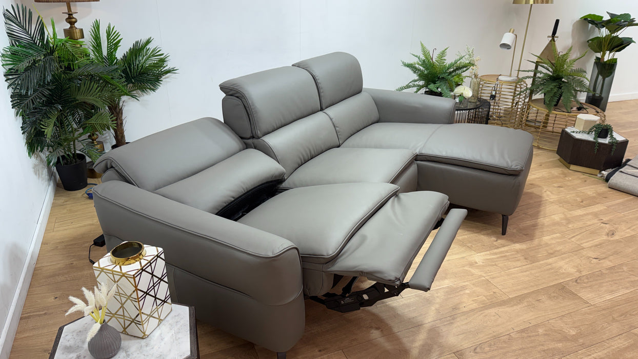 Sofology Viento Leather 3 Seater Chaise Power Recliner/Headrest Lumbar Heated Seat in Trusty Super Matt Storm Grey