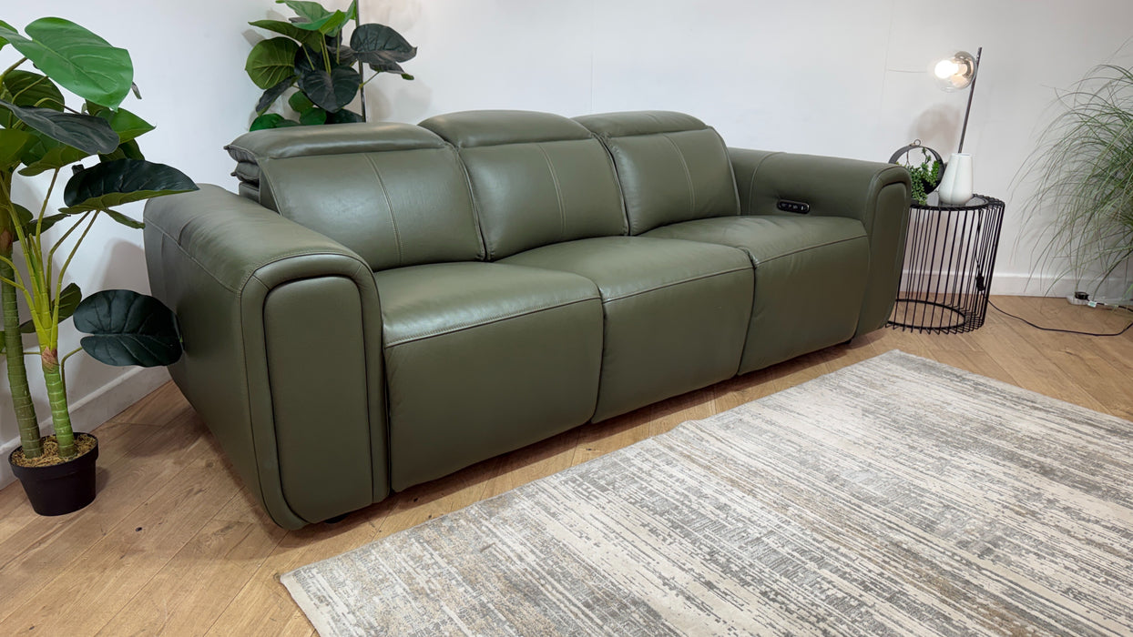 Sofology Premiere Leather 3 Seater Power Recliner/Headrest in Trusty Embossed Dark Olive