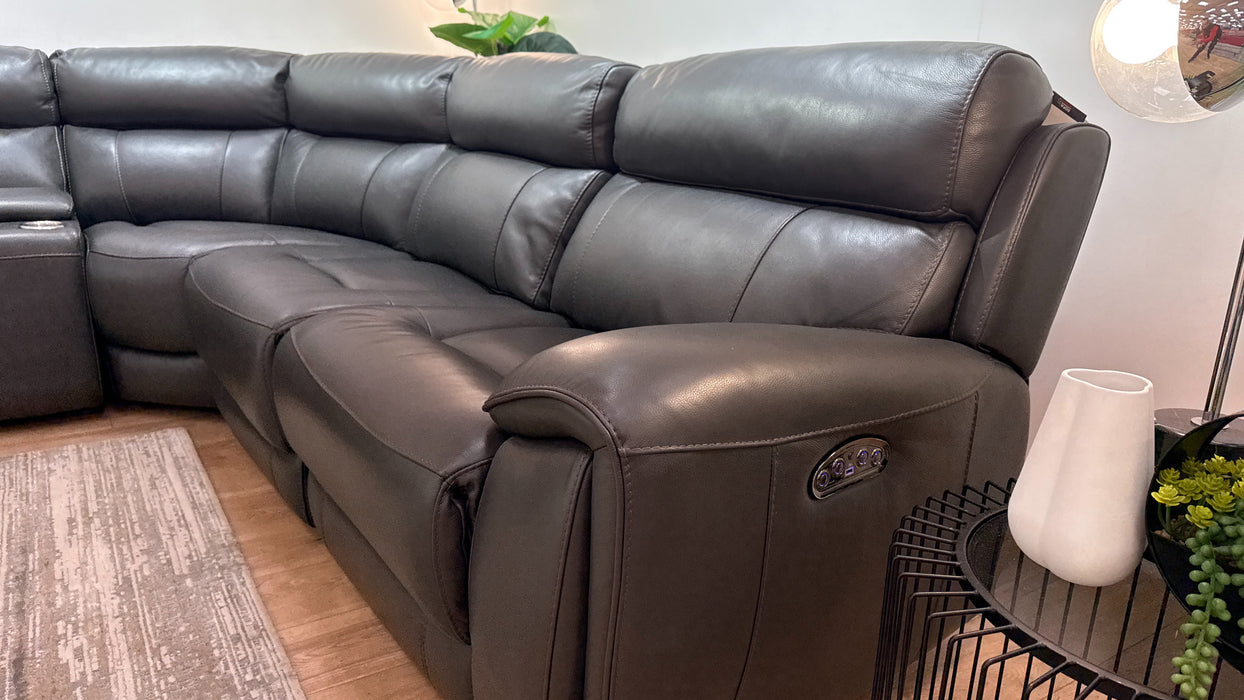 Sofology Radleigh Leather 1.5 Corner 2.5 Console Triple Power Recliner/Headrest in Trusty Soft Sheen Charcoal