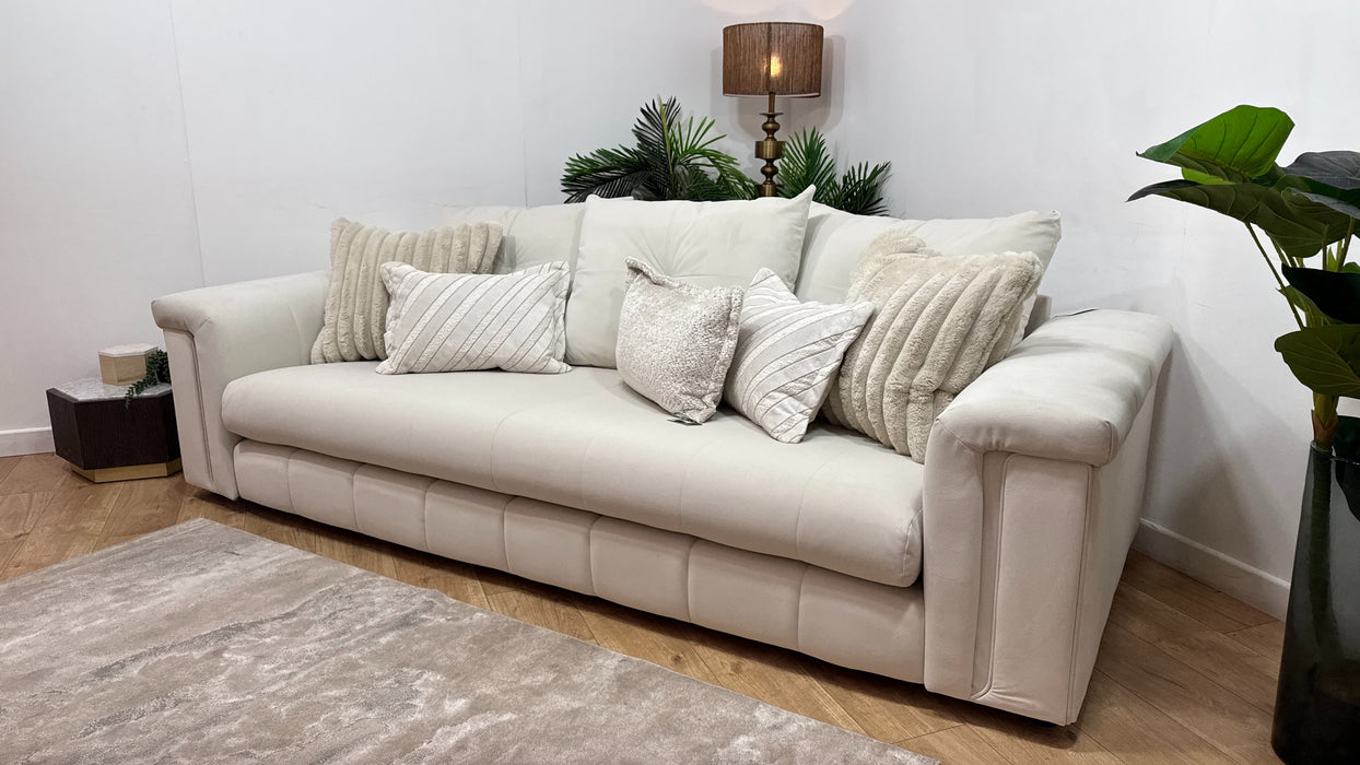 Sofology Oscar Fabric 4 Seater Distressed Walnut Trim in Super Matt Velvet Ecru Mix