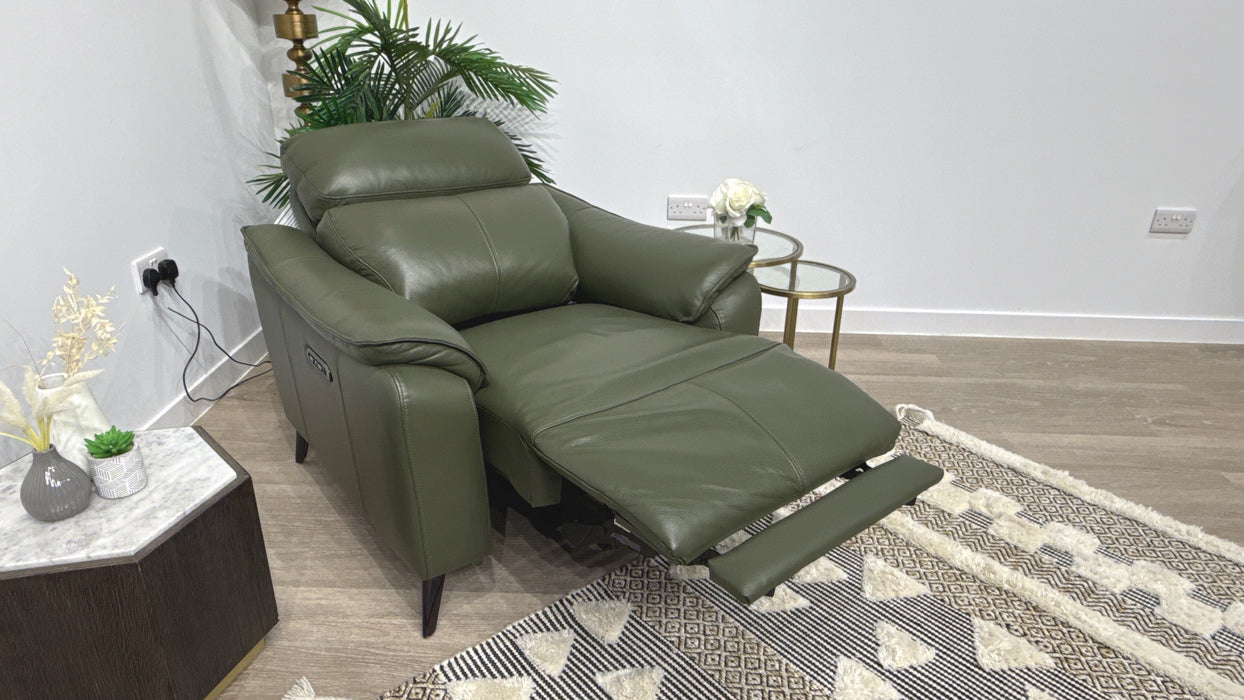 Sofology Arlo Leather Power Recliner + Power Headrest in Dark Olive