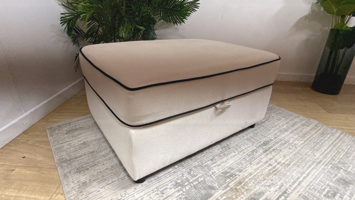 Sofology Atelier Storage Footstool in Chenille Ivory All Over With Black Contrast Piping