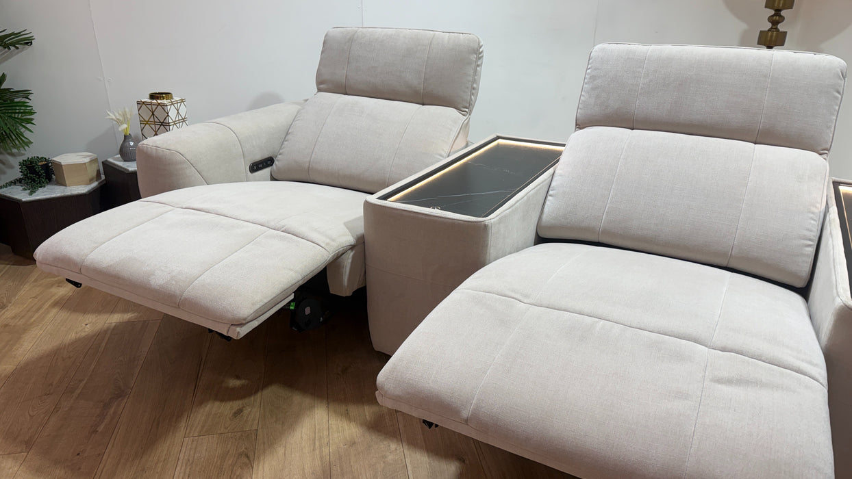 Sofology Lumiere Fabric 3 Seater Cinema Console Power Recliner/Headrest Gold Trim in Relaxed Chenille Cotton