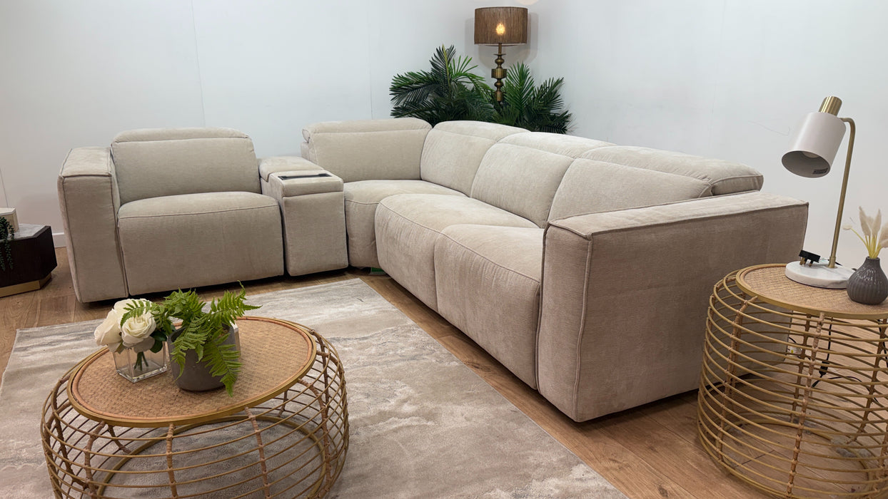 Sofology Horizon Fabric 1.5 Smart Console Corner 3 Power Recliner/Headrest Heated Seats in Textured Chenille Stone