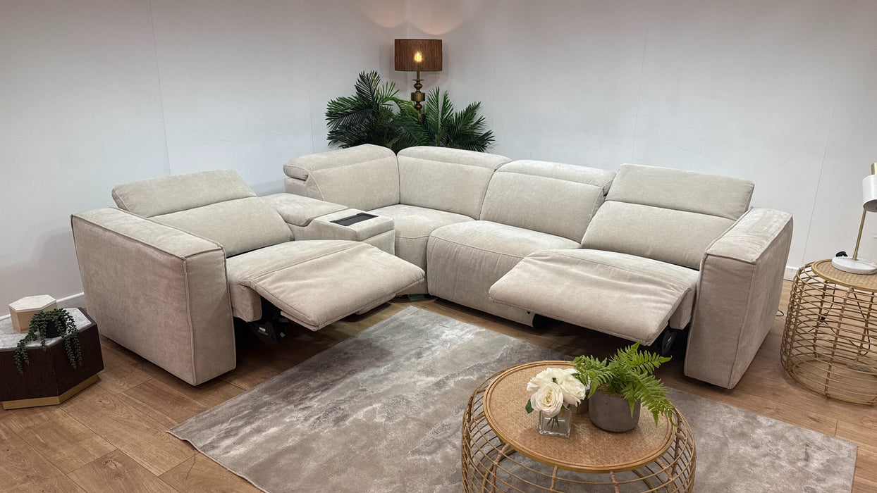 Sofology Horizon Fabric 1.5 Smart Console Corner 3 Power Recliner/Headrest Heated Seats in Textured Chenille Stone