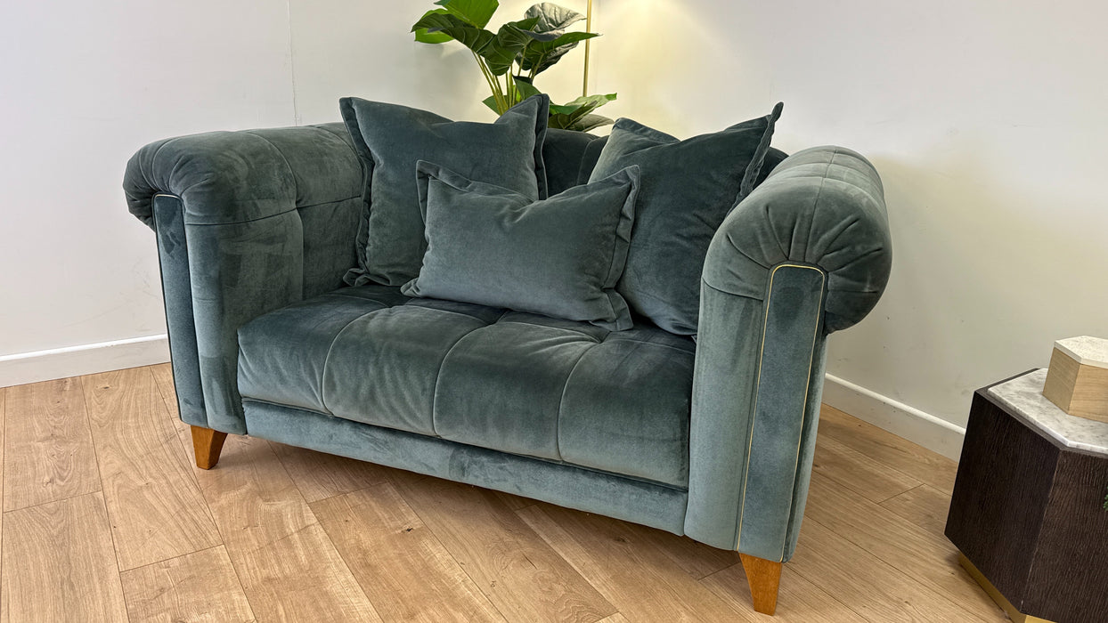 Sofology Midsummer Fabric Loveseat Gold Trim in Day Teal Mix