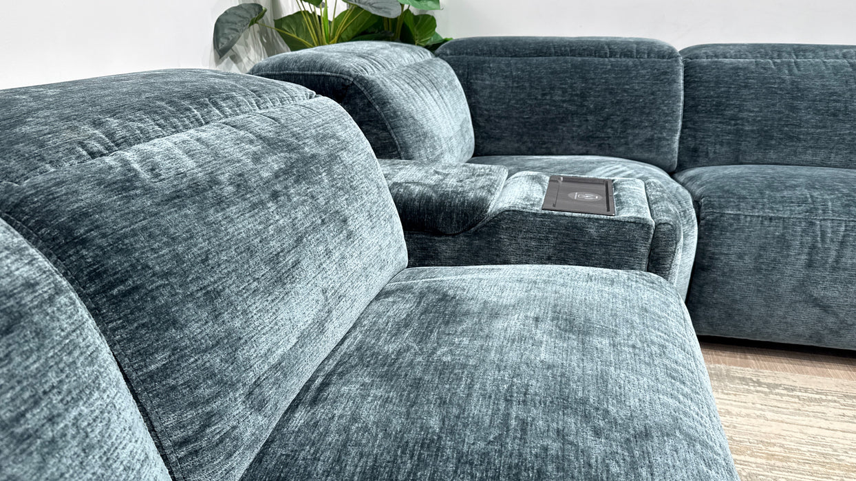 Sofology Drift Fabric Chaise 3 Console Corner 3 Power Recliner/Headrest in Luxury Textured Chenille Lagoon