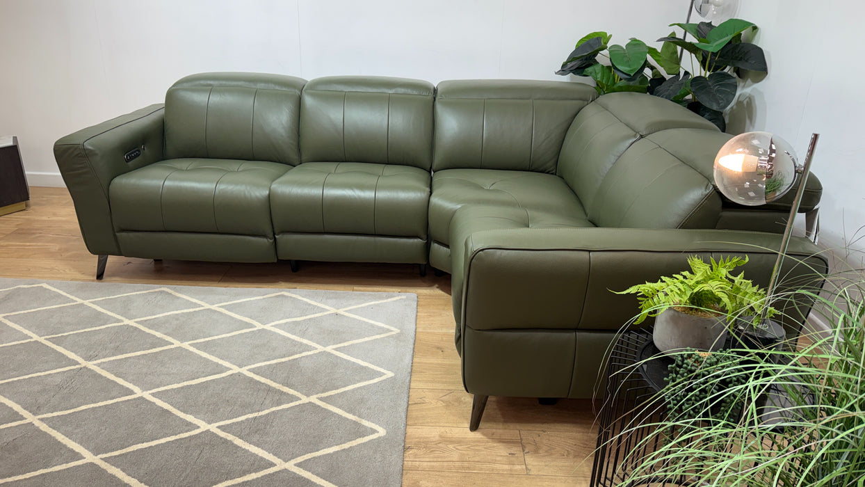 Sofology Jax Leather 3 Corner 1.5 Power Recliner/Headrest Heated Seats Lumbar Support in Trusty Embossed Dark Olive