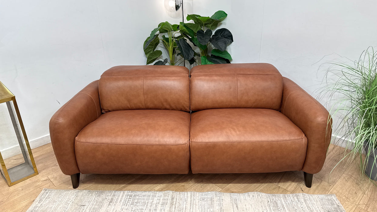 Sofology Larsen Fabric 3 Seater Asymmetrical Power Recliner/Headrest in Relaxed Soft Leather Tan