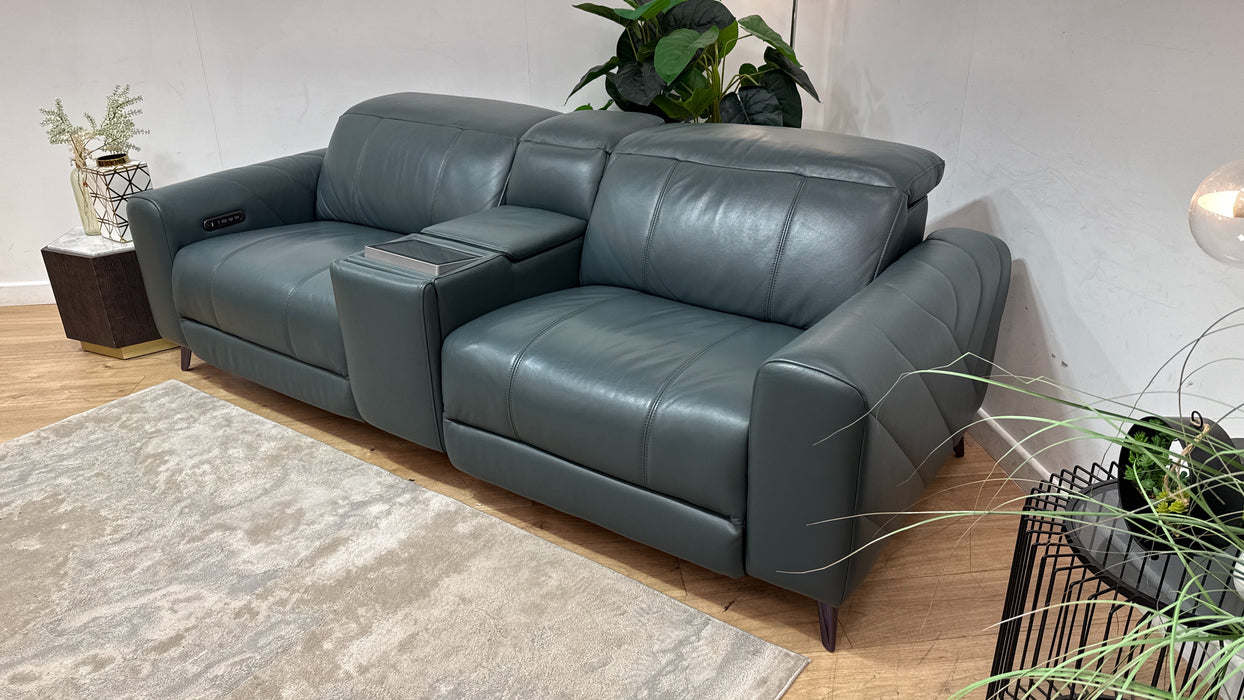 Sofology Allure Leather 2.5 Seater Screen Console Power Recliner/Headrest Heated Seats Lumbar Support Speakers in Trusty Embossed Peacock