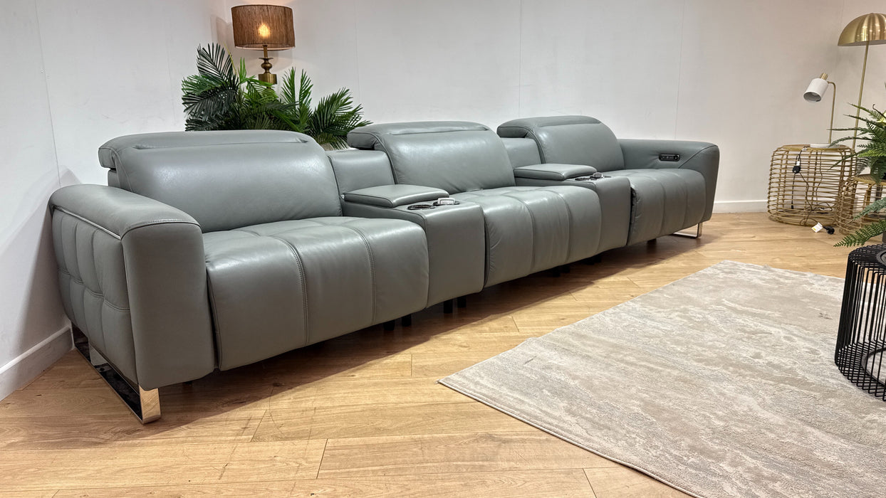 Sofology Marvella Leather 3 Seater Cinema Console Power Recliner/Headrest x 2 in Trusty Sheen Granite Teal