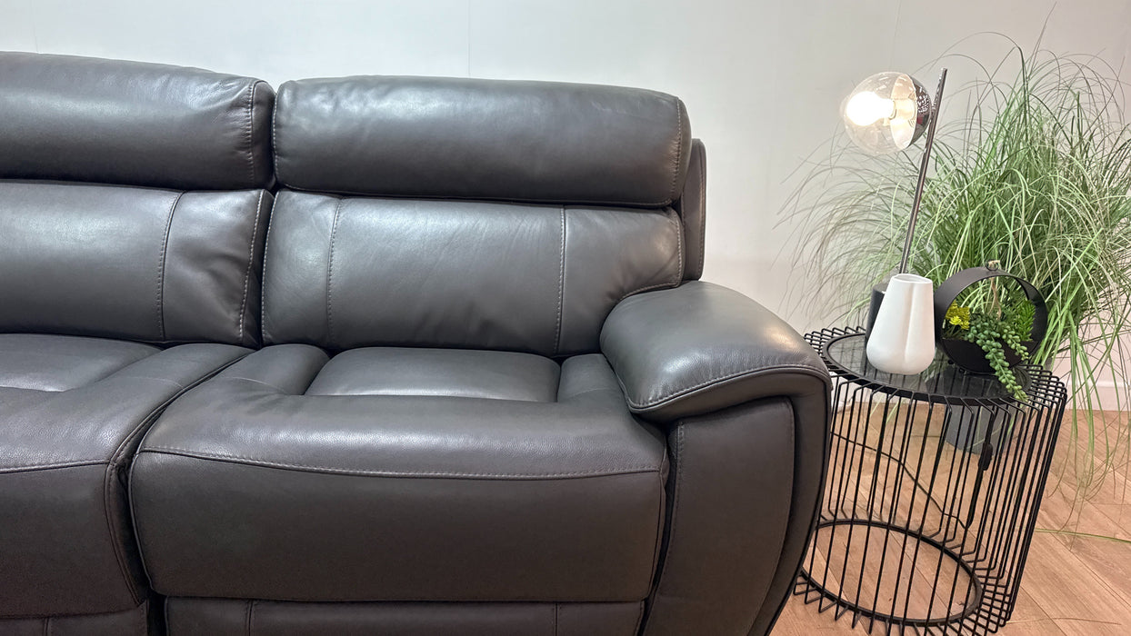 Sofology Radleigh Leather 1.5 Corner 2.5 Console Triple Power Recliner/Headrest in Trusty Soft Sheen Charcoal