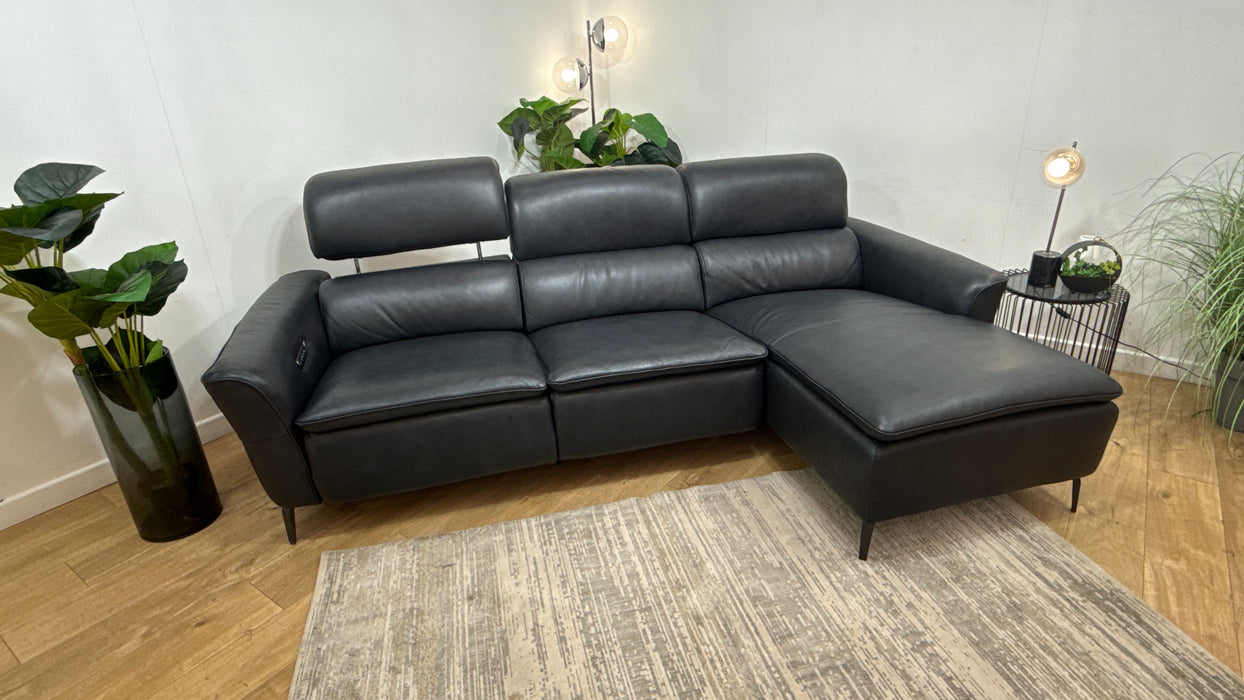 Sofology Viento Leather 3 Seater Chaise Power Recliner/Headrest Heated Seat Lumbar Support in Trusty Embossed Navy