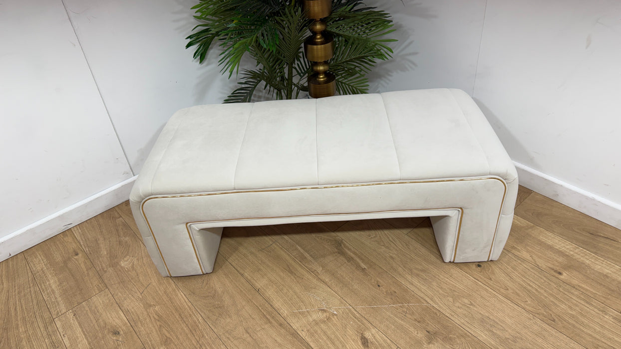 Sofology Oscar Fabric Small Bench Footstool Gold Trim in Super Matt Velvet Ecru
