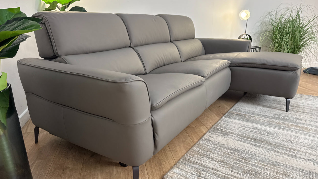 Sofology The Viento Leather 3 Seater Chaise Power Recliner/Headrest Lumbar Support Heated Seats in Trusty Super Matt Storm Grey