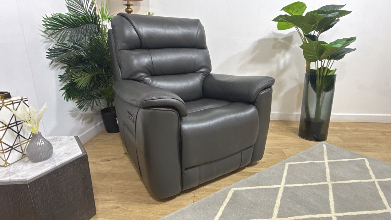 Sofology Cleveland Leather Chair Power Recliner in Trusty Embossed Charcoal