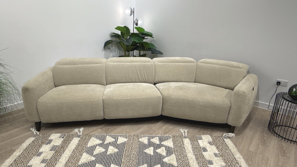 Sofology Larsen Fabric 4 Seater Asymmetrical Power Recliner/Headrest in Chunky Linen Look Chenille Pebble