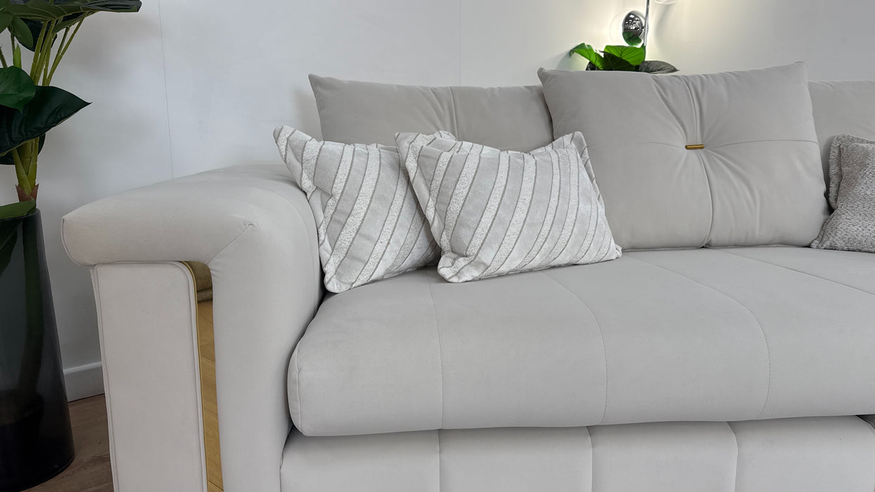 Sofology The Oscar Fabric 4 Seater Split Gold Trim in Super Matt Velvet Ecru Mix