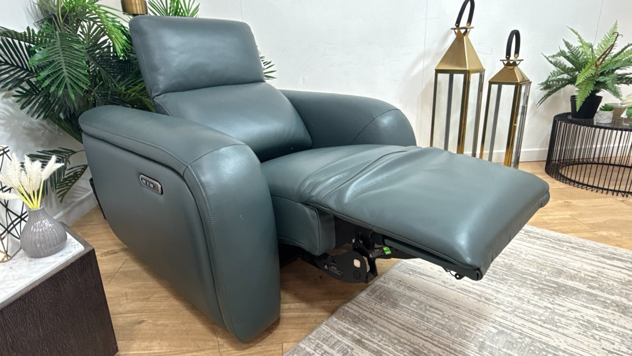 Sofology Drift Leather Chair Power Recliner/Headrest in Trusty Embossed Peacock